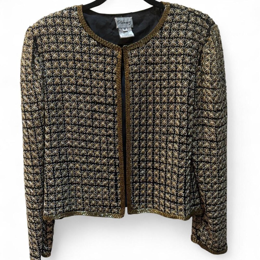 Vintage Sequin Women's Black and Gold Silk Jacket